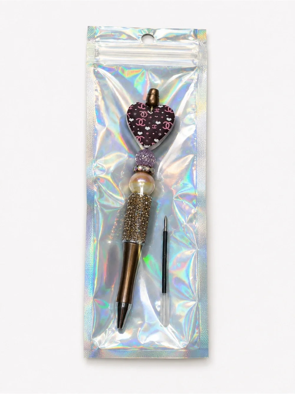 Chic Heart Embellished Ballpoint Pen - Gold & Purple